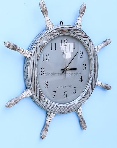 Miniatura 8 de Nagina International Reloj de rueda de barco de pared de pirata náutico de madera de pino azul océano antiguo de 28 pulgadas | Regalo vintage