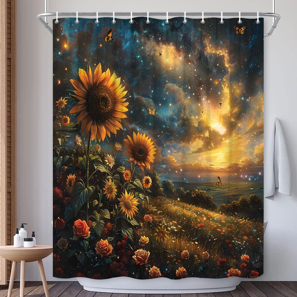 Sunflower Shower Curtain Fantasy Starry Wonderland Green Leaf Butterfly Outdoor Natural Plant Bath Decor Polyester Fabric Curtains 90X70 Inch