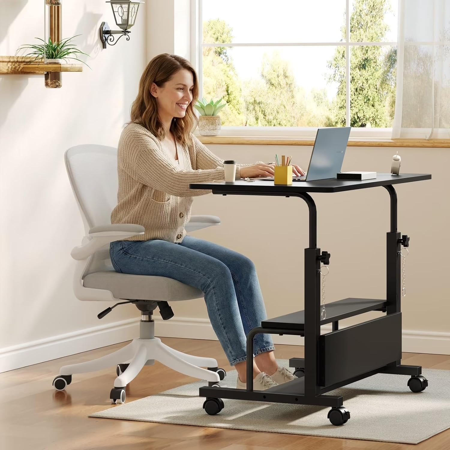 Adjustable Desk Standing Desk Small Desk for Small Spaces, Mobile Rolling Computer Desk on Wheels, Portable Desks Study Table for Home Office,Black