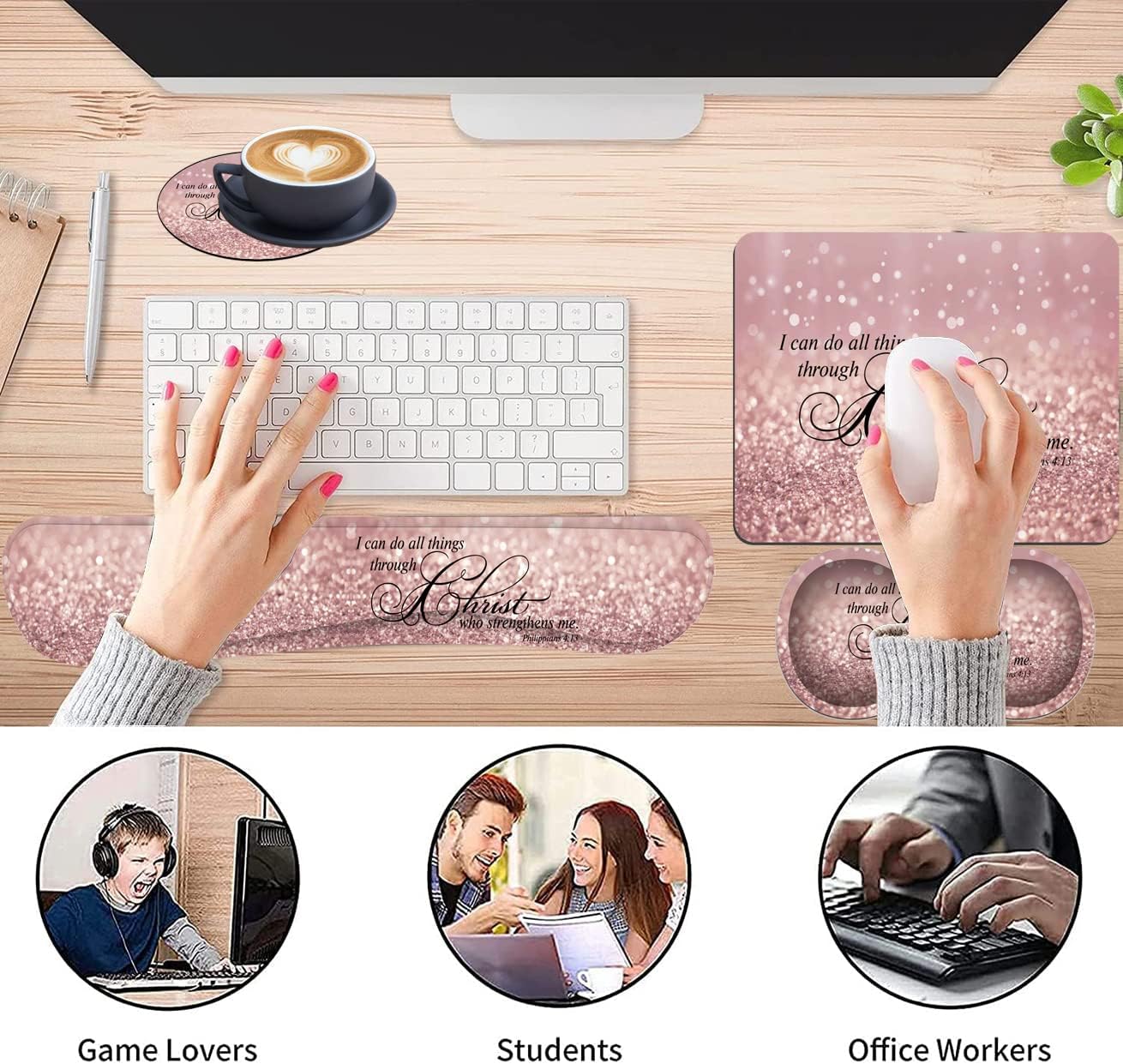 Ergonomic Keyboard Wrist Rest Pad + Wrist Rest Pad + Square Mouse Pad + Coaster, Soft Lycra and Non-Slip Rubber Base, Gel Memory Foam Wrist Pad Set for Pain Relief, Bible 4-13 Astigmatic
