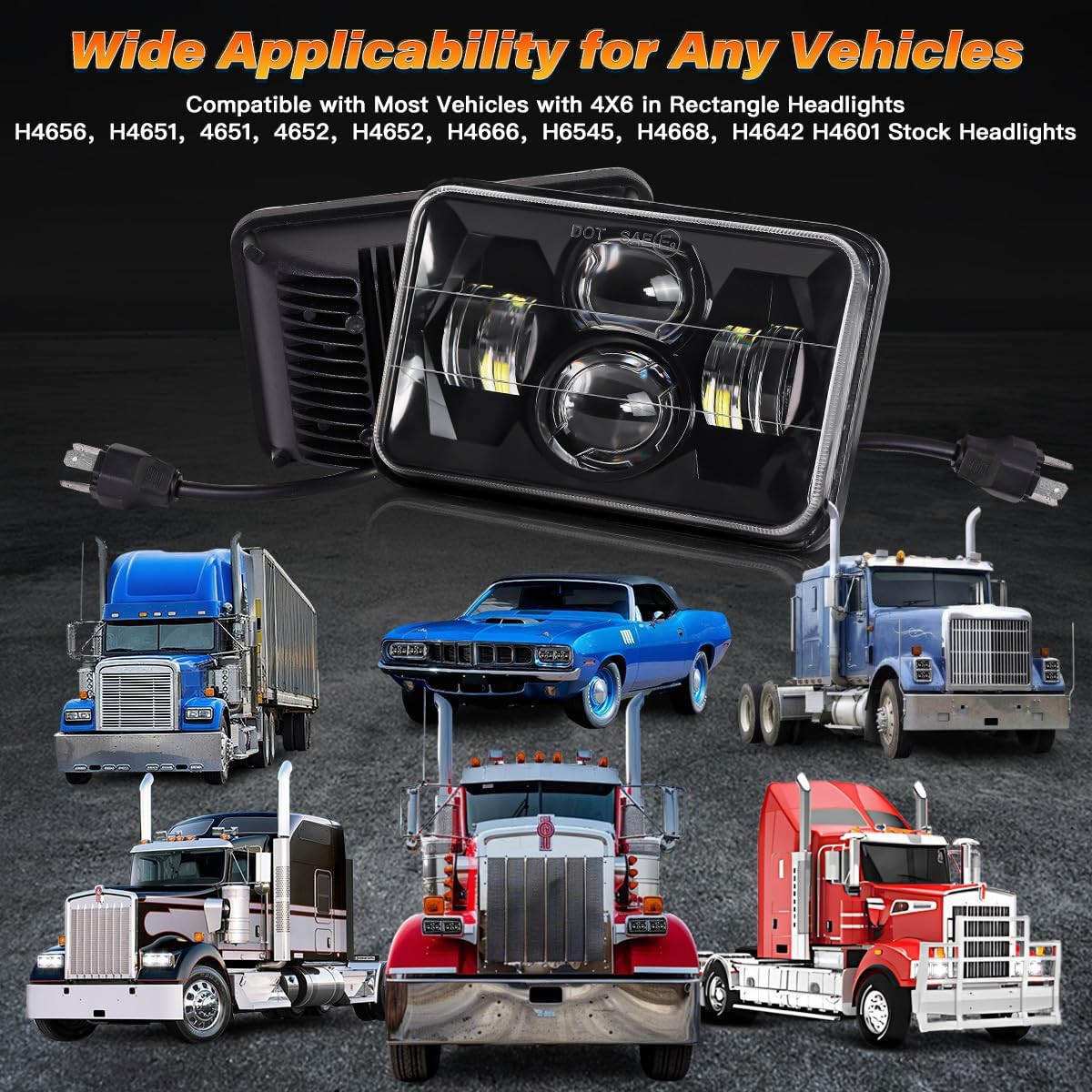 4x6 In LED Headlights High Low Beam 4PCS Rectangle Headlamps H6545 H4668 H4656 H4651 H4652 H4666 H4642 Headlight for Ford GMC Truck Van Kenworth T800 W900 Peterbilt Oldsmobile