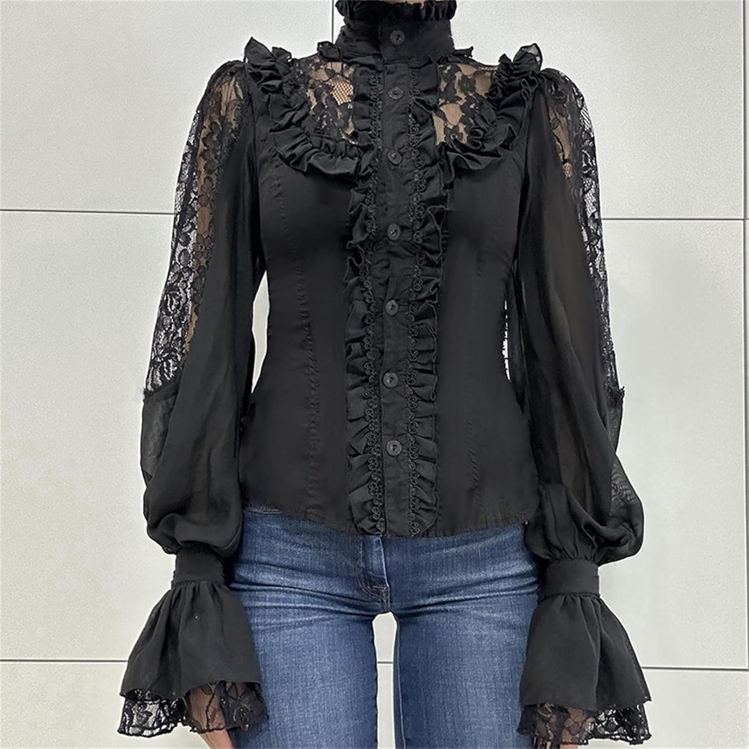 Vintage Top T Shirt Women Sheer Mesh Lace Mock Neck Goth Renaissance Punk Grunge Emo - Image 2