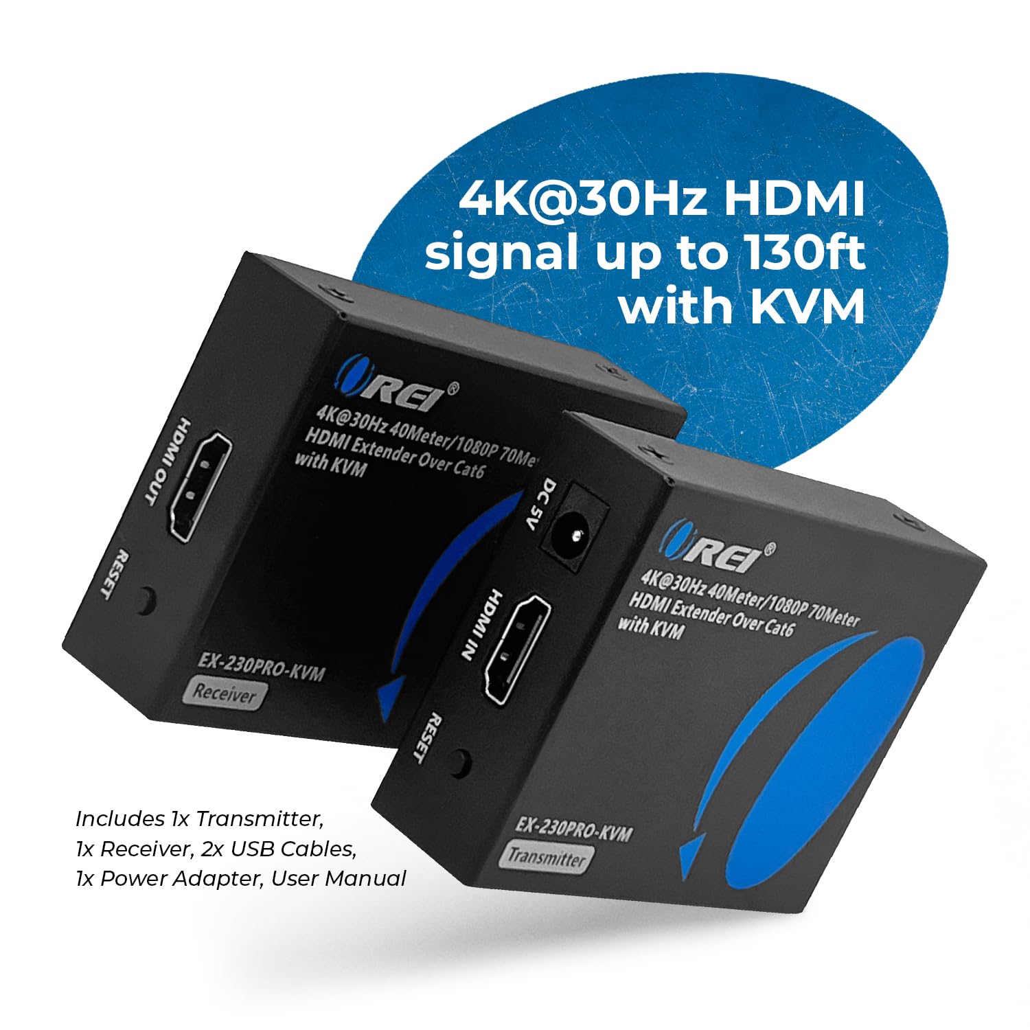 OREI KVM 4K HDMI Extender Balun sur un seul câble Ethernet CAT6/7 4K, 30 Hz jusqu'à 40 m – 2 ports USB 1.1, prend en charge le clavier et la souris