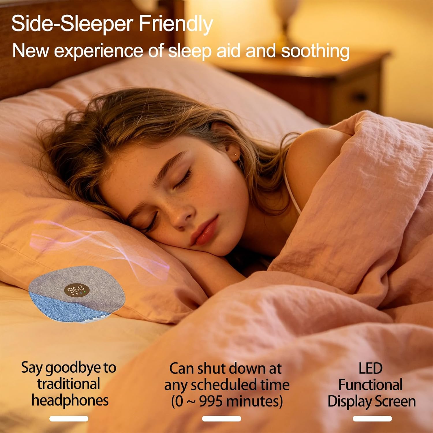 Hesond Under Pillow Speaker Dual Bone Conduction Stereo Bluetooth Wireless Music Portable Sleep Sound Sleep Speaker with LED Display White Noise Timer for Side Sleepers Supports TF Card (Grey) image 4