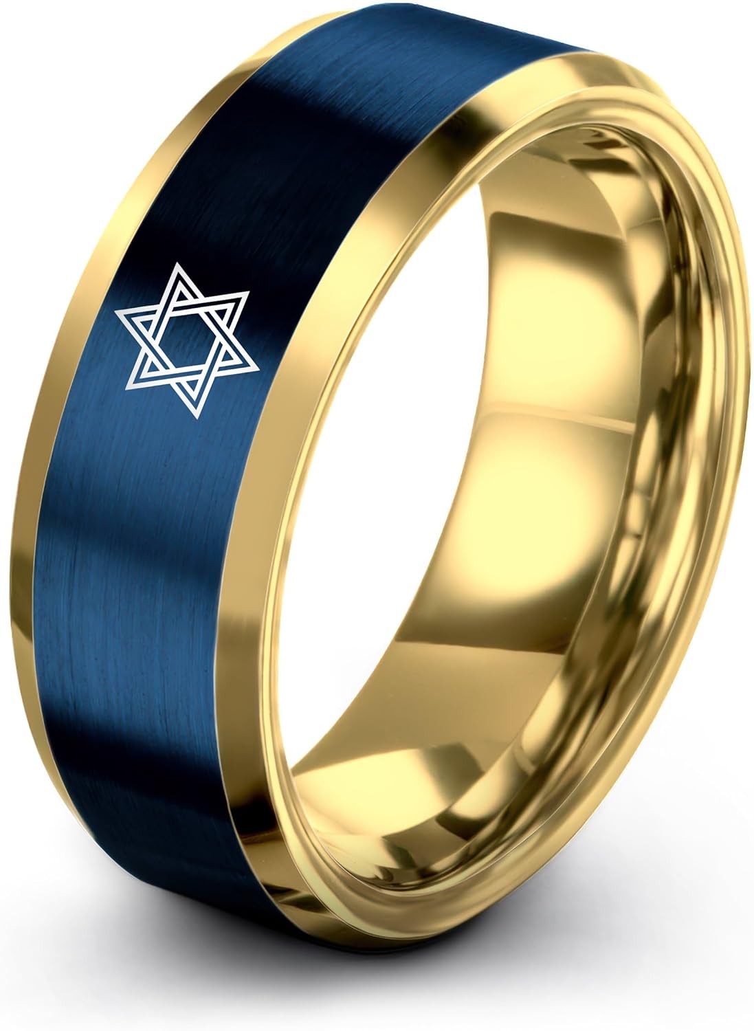 Torah star Of David Ring - Gift for Jewish Faith Fan - 8mm - Personalized Custom Engraving - Yellow Gold Black Silver Blue - Tungsten - Men Women - Band - Brushed Polished - Anniversary Wedding - Flat