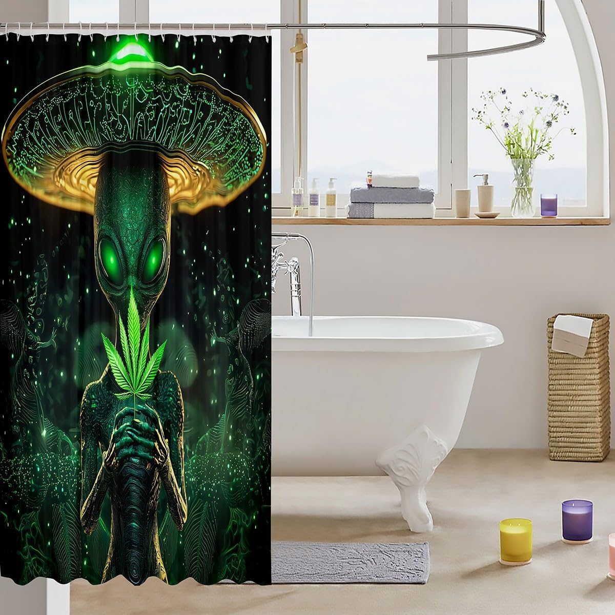 Erosebridal Alien Shower Curtain 72x72, Abstract Spaceship Bath Curtain with Hooks, Green Botanical Fabric Shower Curtain for Kids Boys Teens, Psychedelic UFO Shower Curtain Sets image 3