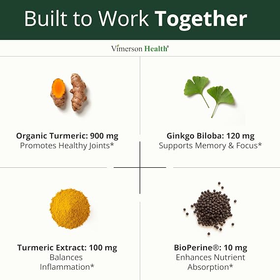 Ginko Biloba Capsules with Ginkgo Biloba 120mg & Organic Turmeric for Joint Support, Focus and Brain Health Gingo Biloba Supplement with Black Pepper (Bioperine) for Max Absorption 2 Pack