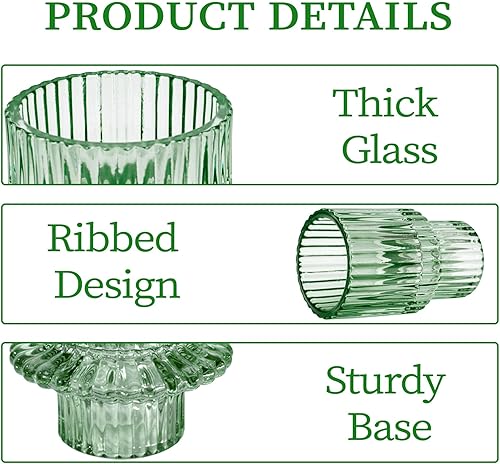 Miniatura 5 de Juego de 6 portavelas de cristal acanalado, candelabros cónicos reversibles verdes y candelabros, candelabros cónicos de cristal vintage para bodas,