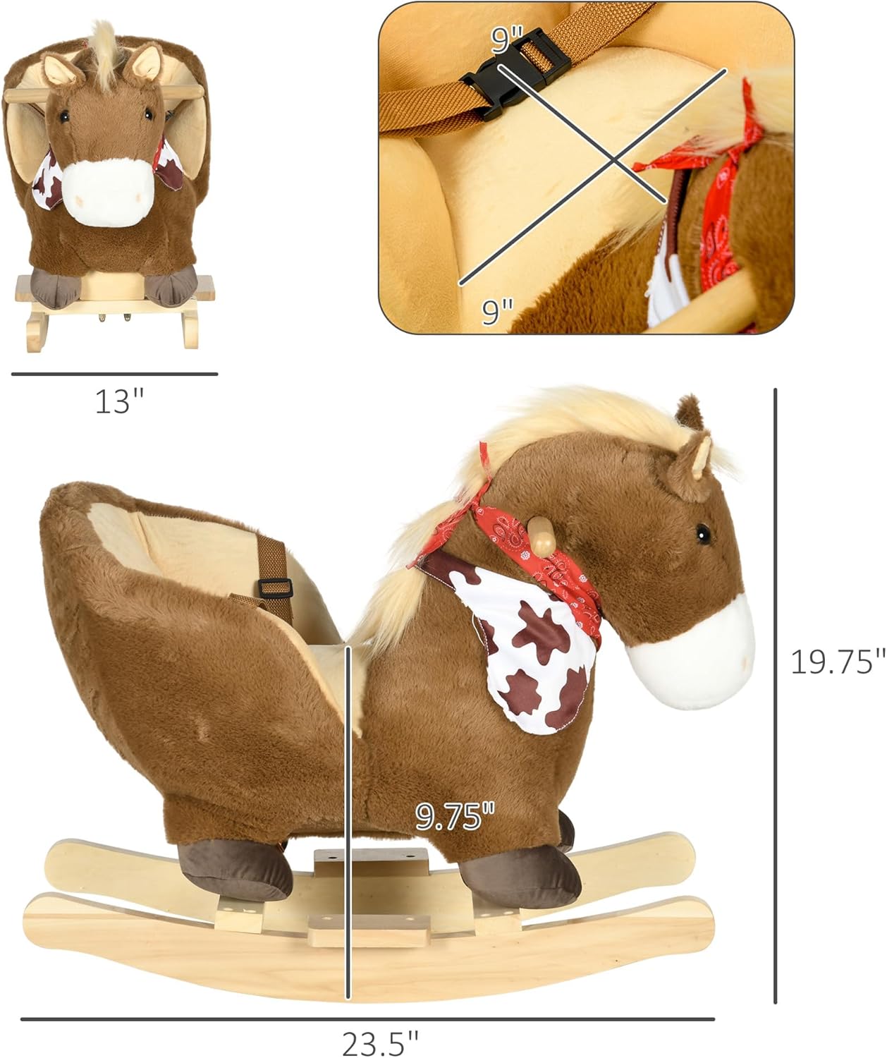 Qaba Baby Rocking Horse, Riding Horse, Plush Animal Rocker with Realistic Sound, Pedals for Ages 18-36 Months, Brown