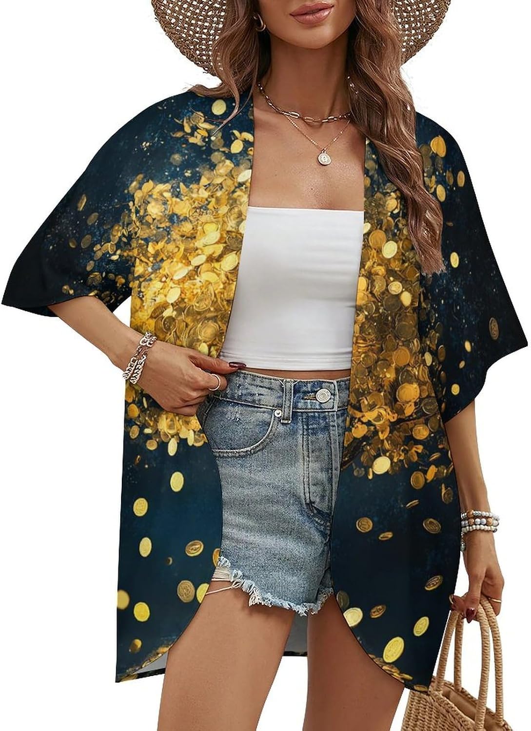 Lucky Golden Coin Tree Women's Open Front Cardigan Short Sleeves Jacket Lightweight Sweaters Tops