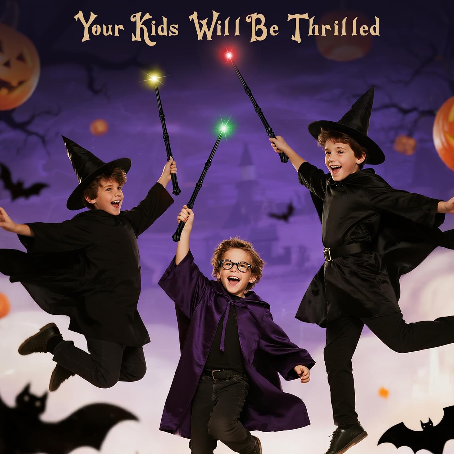 KingVows Light Up Magic Wizard Wand with 4 Color Lights & Sound - Set of 8 Illuminating Witch Sorcerer Toys for Kids Cosplay Party, Black