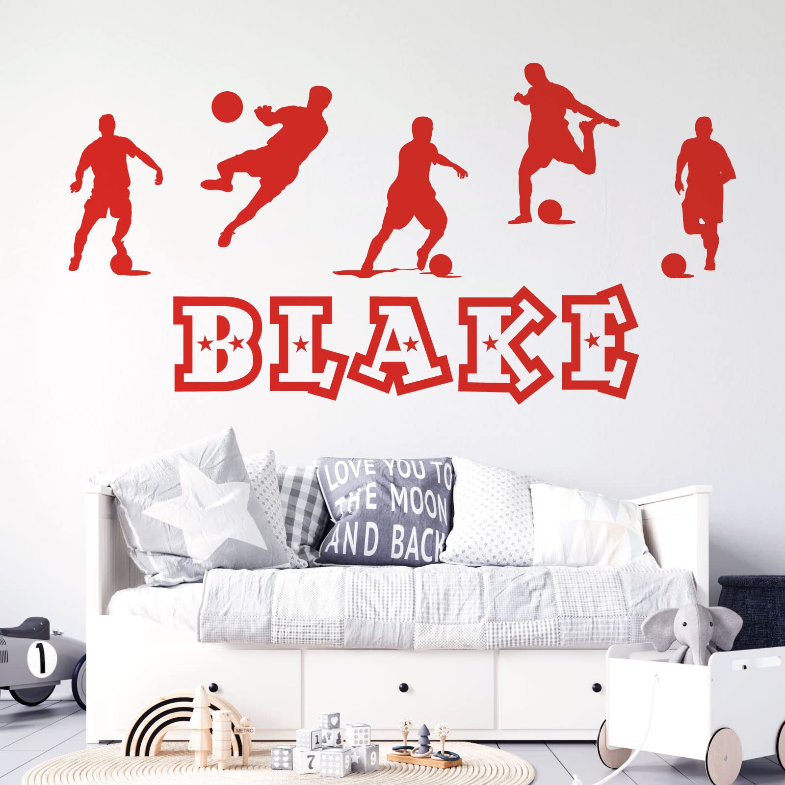 Personalised Name Boys Wall Art Sticker - Football, Soccer Game Silhouettes Theme [Medium] [Tomato]