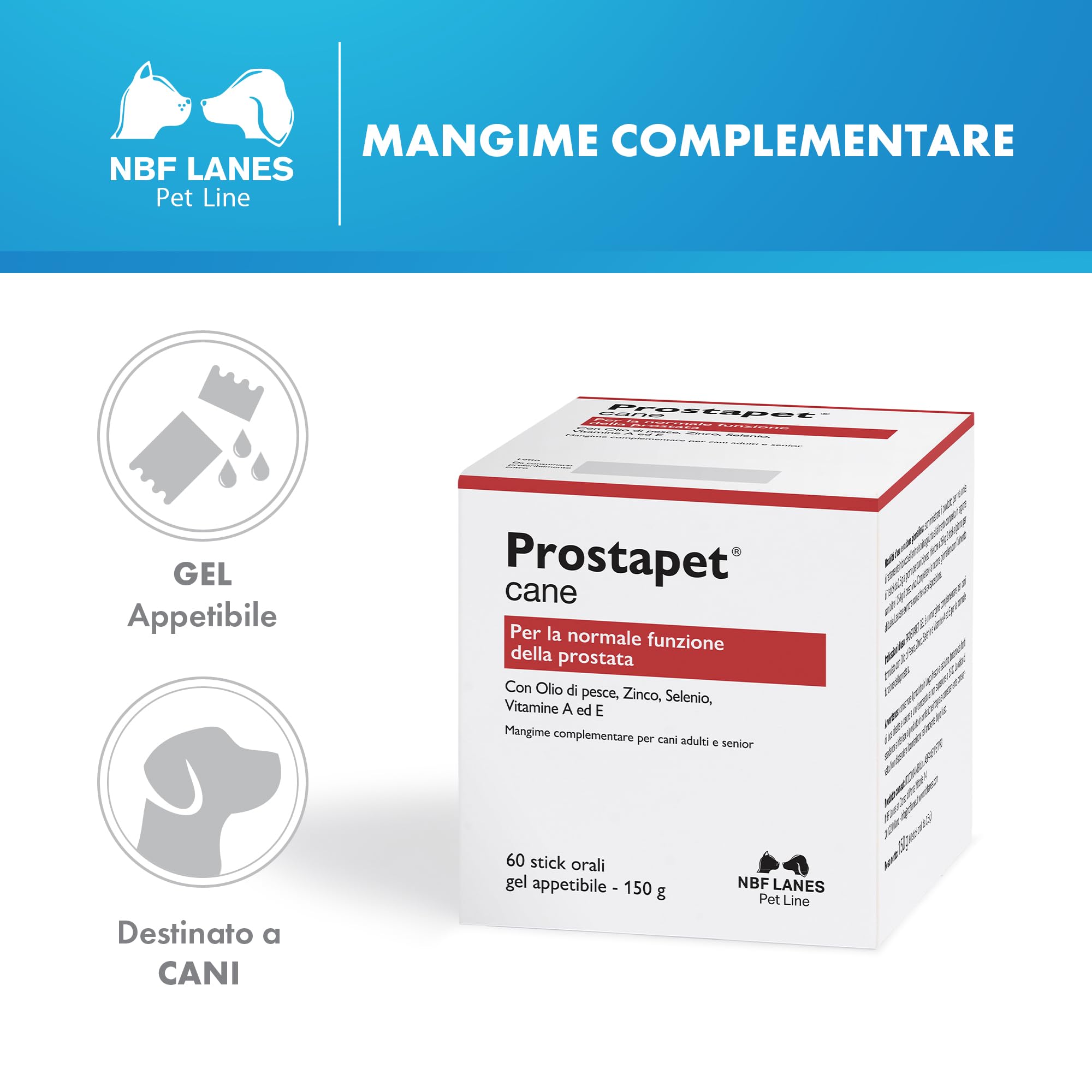 NBF Lanes | Prostapet Cane, Gel Appetibile 60 bustine da 2,5 g, per la Normale Funzionalità della Prostata.