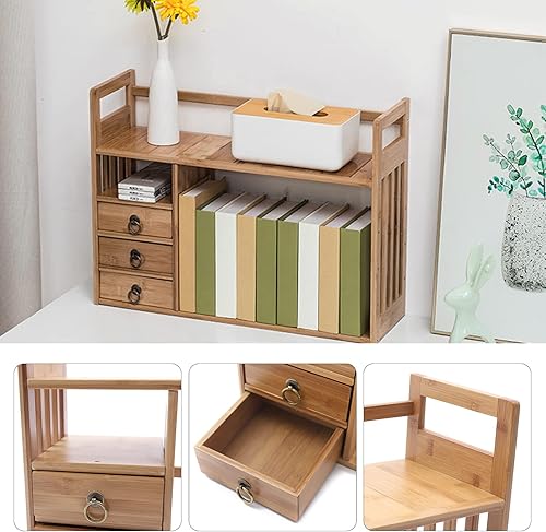 Miniatura 5 de Estantería de escritorio de bambú, estante de doble capa para encimera con 3 cajones, estante organizador de estantería de escritorio para oficina y