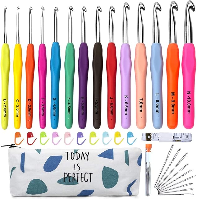 Crochet Hooks Set, 14Pcs Full Size Soft Handles Knitting Needles Kit + 10Pcs Crochet Locks + 9 Large Eye Hand Sewing Hooks + 1 60-Inch Tape Measure+Crochet Hook CaseIdeal Mother's Day Gift.