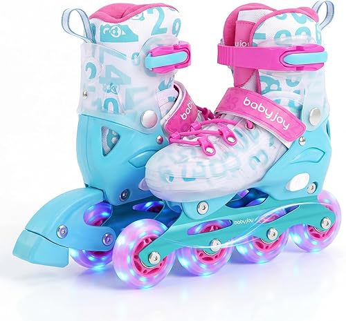 Vista 16 de BABY JOY Patines en línea, 4 tamaños ajustables para niños con ruedas iluminadas para niños de 5 a 14 años, divertidos patines iluminadores