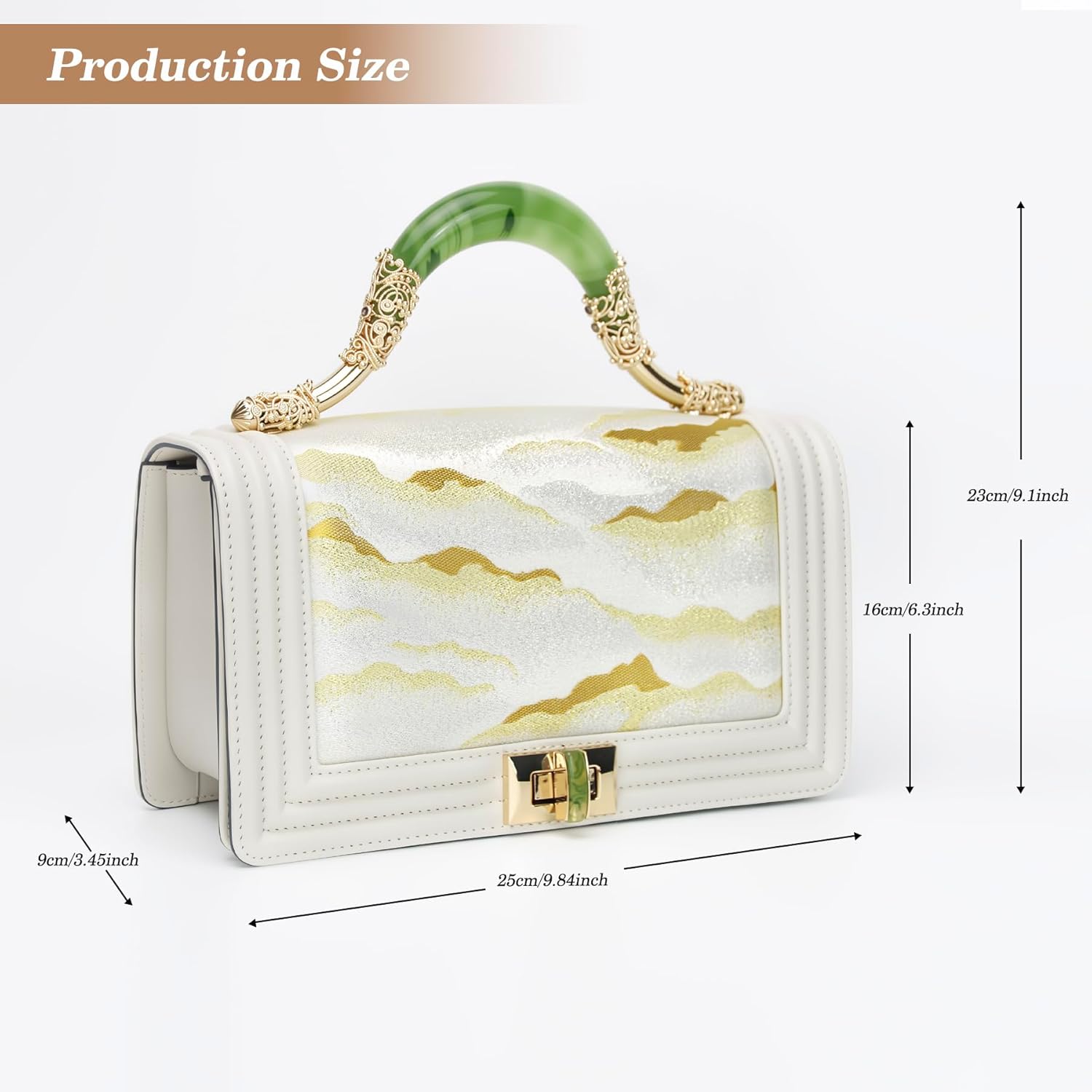 Women’s Evening Handbags Gold Evening Bag with Jade Handle – Luxury Embroidered Cloud Pattern Handbag, Large Capacity Formal Wedding Party Crossbody Purse