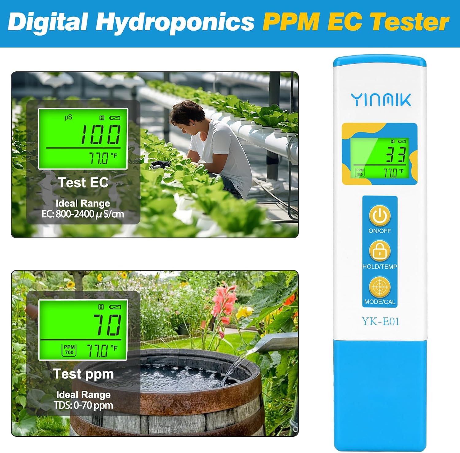 TDS Meter for Drinking Water, Water PPM Meter, EC TDS Tester for RO/RI System, Tap Water, Filtered Water, YINMIK Water Quality Tester with 6 Modes: PPM 500, PPM 700, μS/cm, mS/cm, Temp(℃/℉)