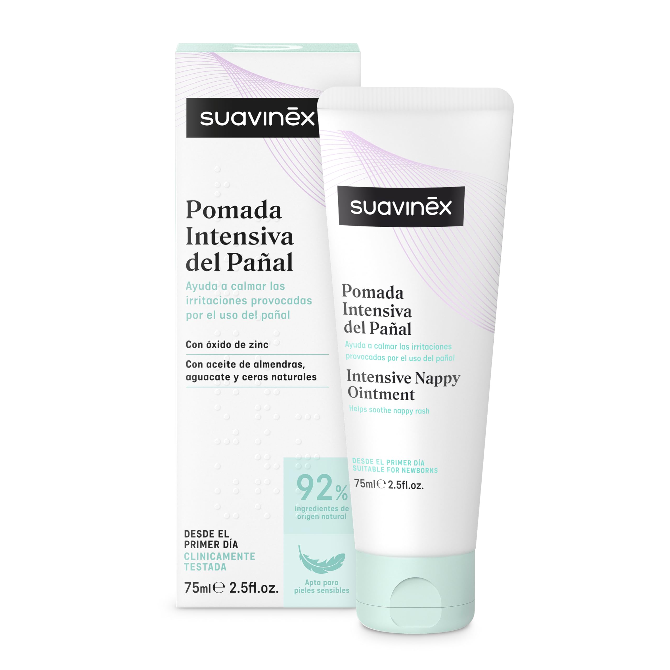 Suavinex, Pomada Intensiva Pañal Bebé, Crema de Pañal con Óxido de Zinc, Apta para Pieles Muy Sensibles y Recién Nacidos, 92% Ingredientes Origen Natural, Pomada Pañal con Textura Untosa, 75 ml