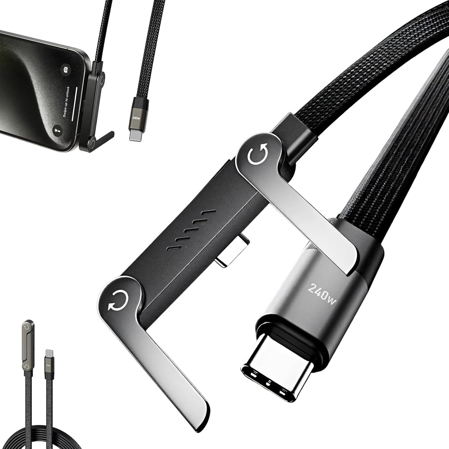 240W Braided Fast Charging Cable with Built-in Phone Stand, Type-C to Type-C 2-in-1 Invisible Holder Charger, USB-C Cable with Multi-Angle Adjustable Stand