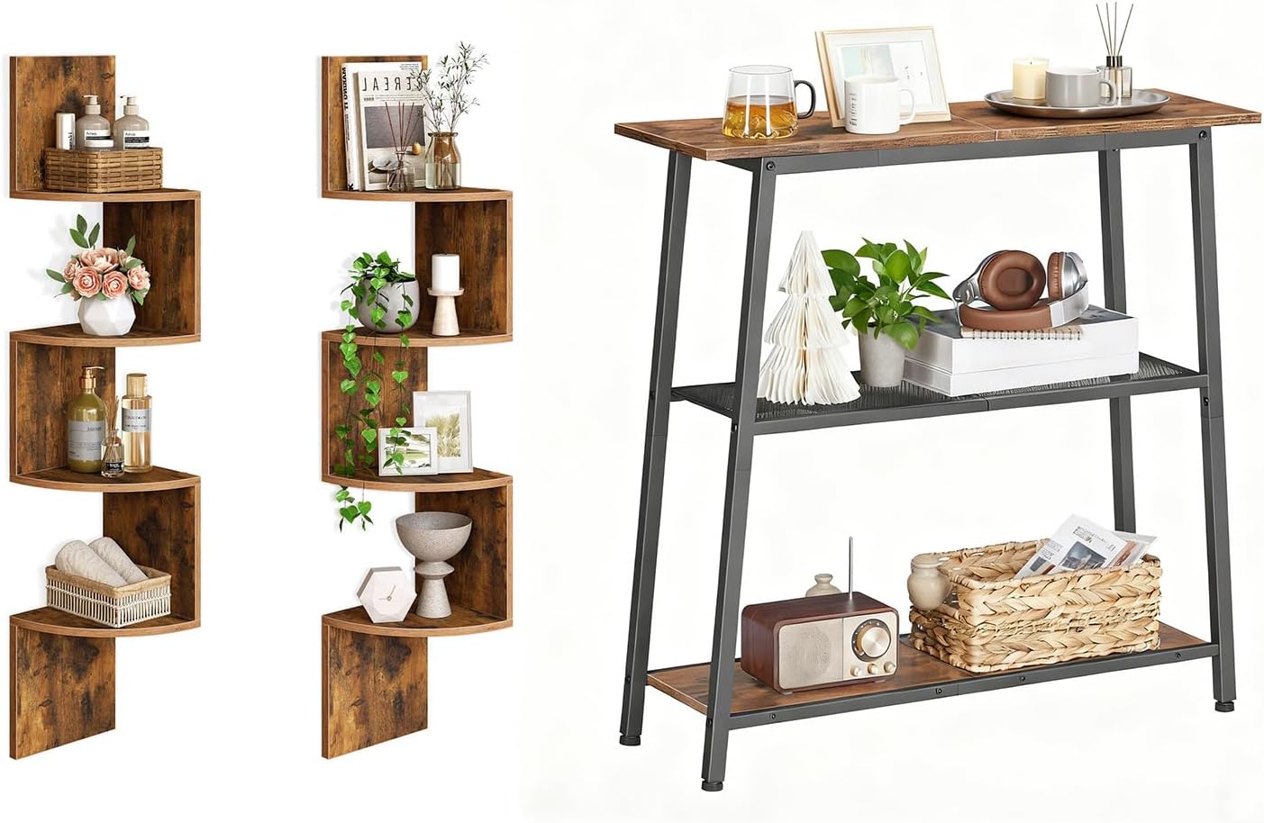 HOOBRO Corner Shelf and Console Table Bundle, Set of 2 Floating Corner Shelves for Wall, Hallway Table for Entryway, BF25BJP201-BF62XG01