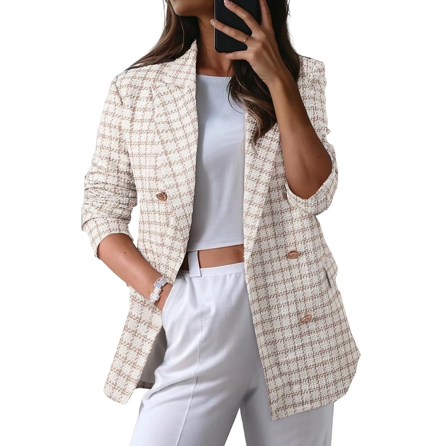 Womens Plaid Tweed Blazers Dressy Oversized Fashion Tops Casual Long Sleeve Open Front Blazer Jacket Loose Work Suits