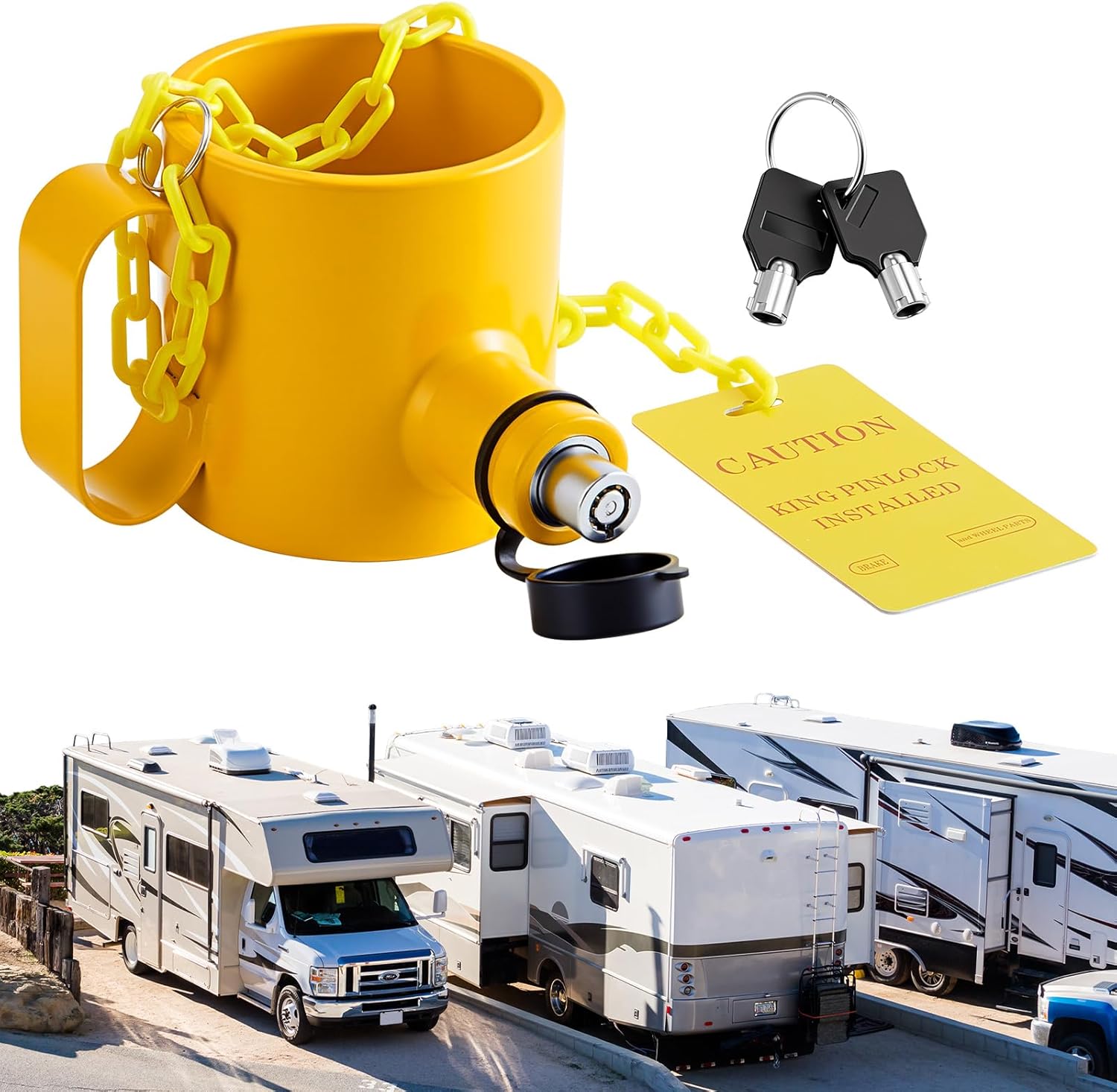 King Pin Lock 5th Wheel Hitch Lock Solid Steel Yellow Anti Theft Protection with Handle Warning Tag and 2 Keys for Trailers, Rv, Semi Trucks