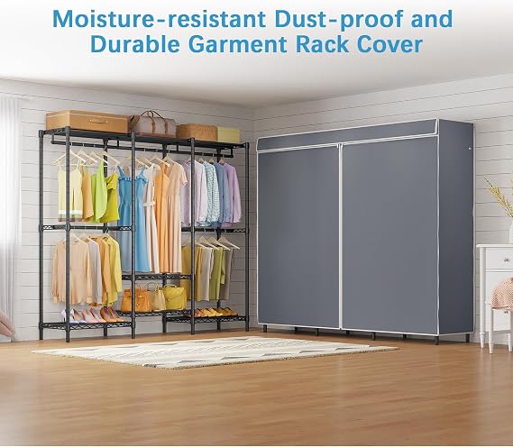 VIPEK V5C SE Covered Garment Rack Heavy Duty Clothes Rack with Cover and Adjustable Shelves, Freestanding Portable Closet Racks Clothes Storage Wardrobe Closets, Black Clothing Racks with Grey Cover