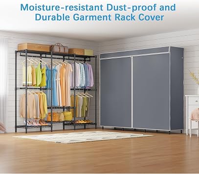 VIPEK V5C SE Covered Garment Rack Heavy Duty Clothes Rack with Cover and Adjustable Shelves, Freestanding Portable Closet Racks Clothes Storage Wardrobe Closets, Black Clothing Racks with Grey Cover