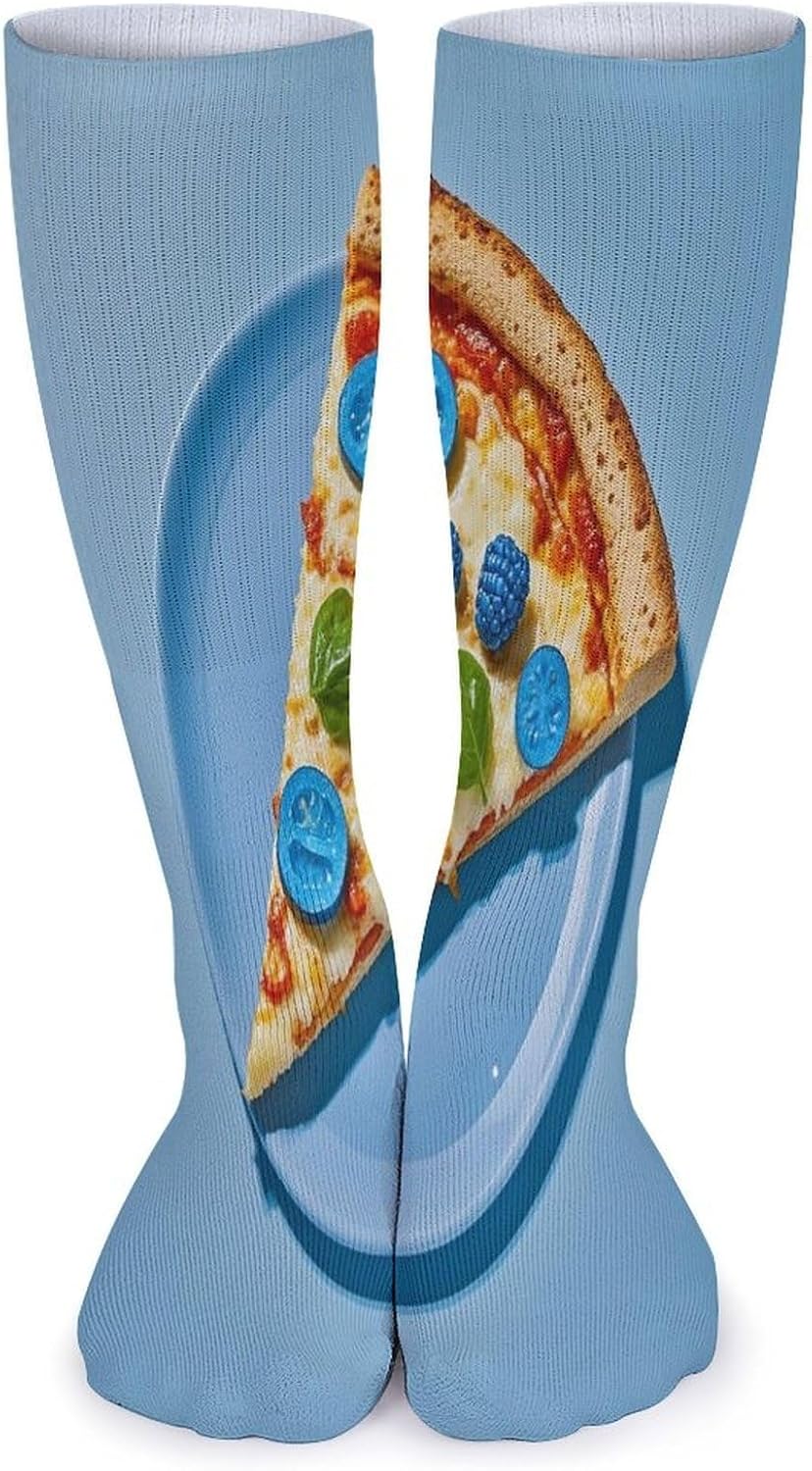 Light Blue Pizza Slice Crew Socks Cozy Casual Calf Socks Lightweight Long Work Sock Breathable Athletic Sock for Hiking Sports Running 5 Pairs