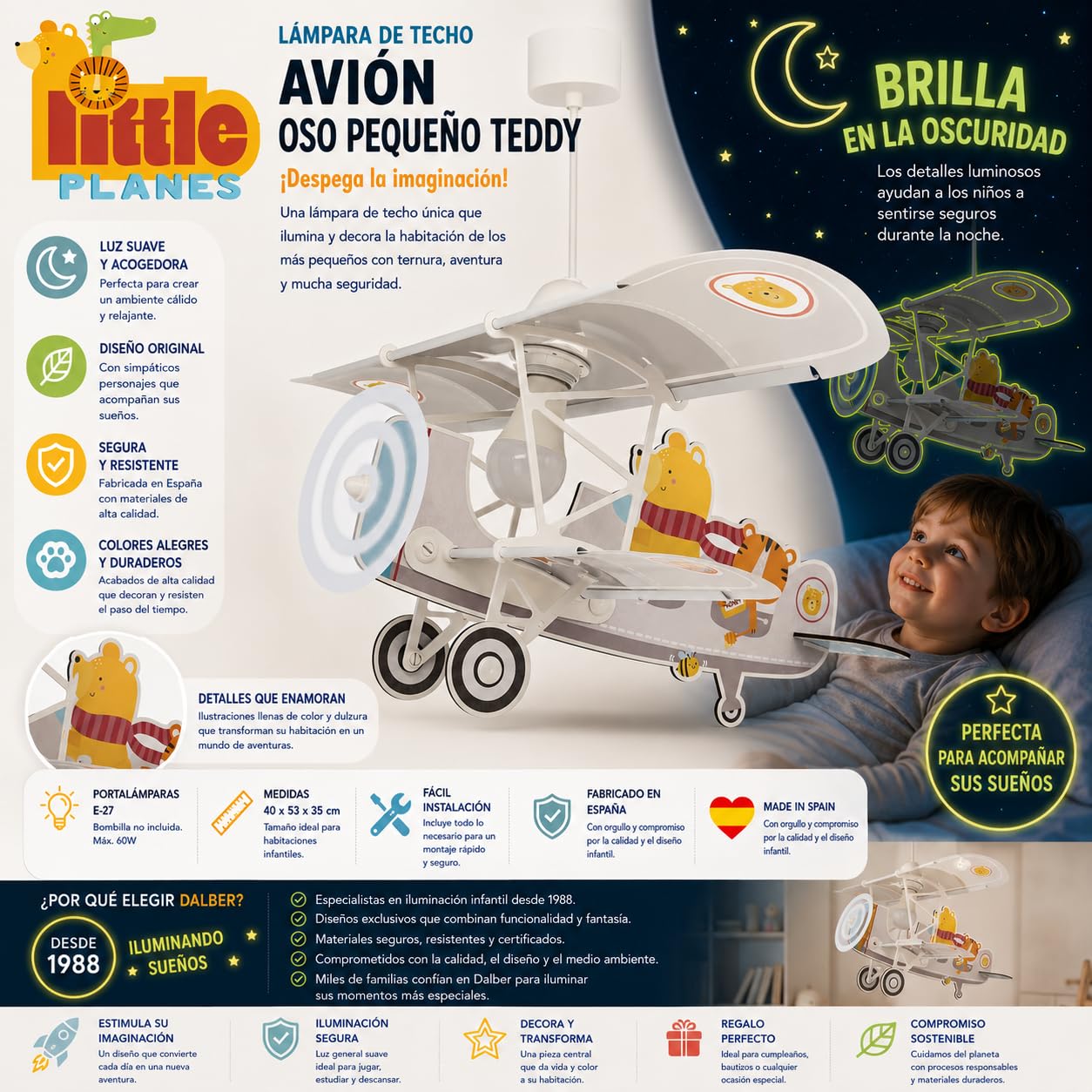 Dalber Lámpara Techo Colgante Infantil Avión Osito Gris 54522 E27 | E27 - 15W; Habitación niños; lámparas infantiles; brilla en la oscuridad; Teddy