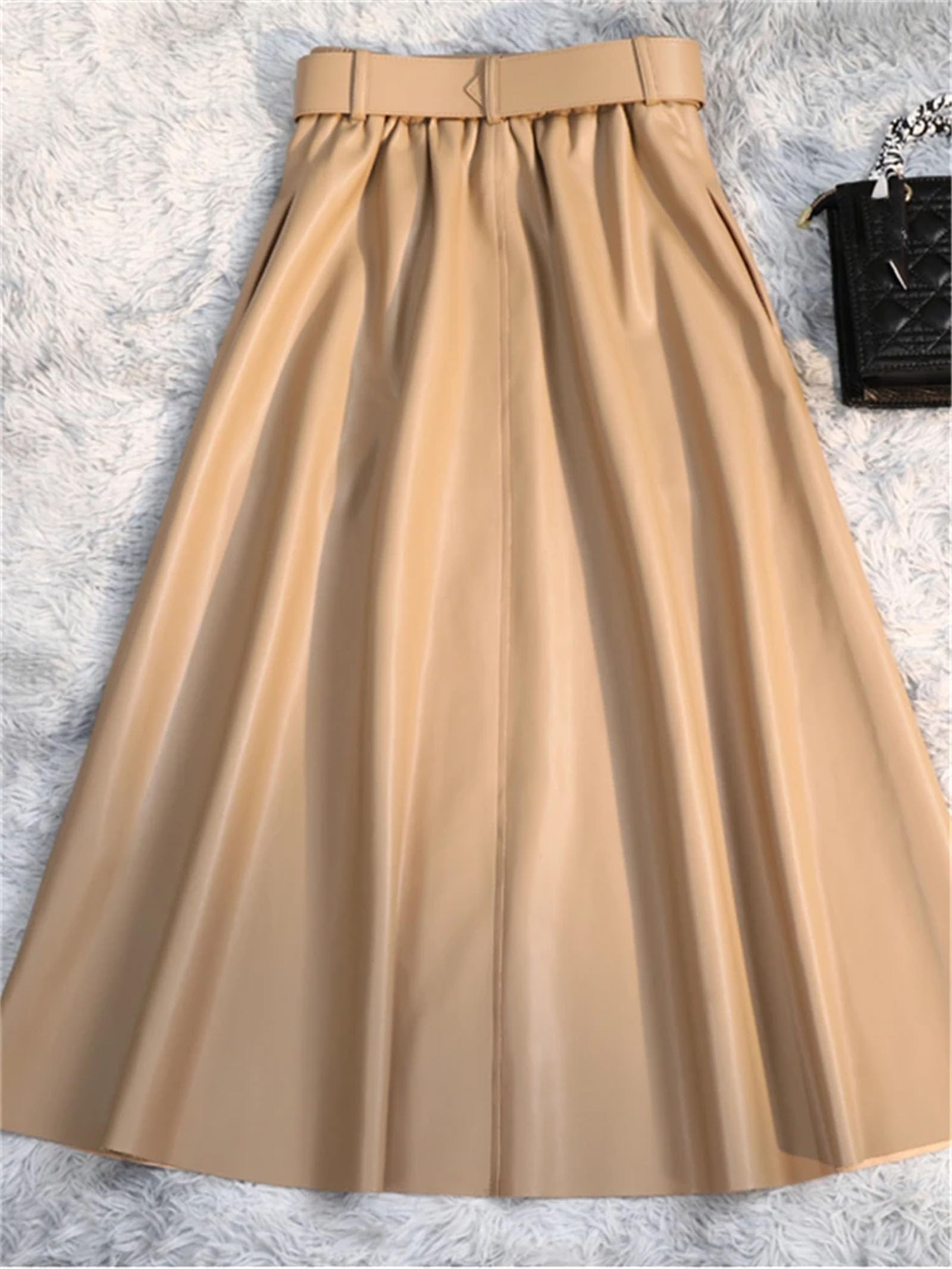 Donne Inverno Classico Faux PU Pelle Gonne Lunghe con Cintura Vita Alta Midi Gonne Femminili