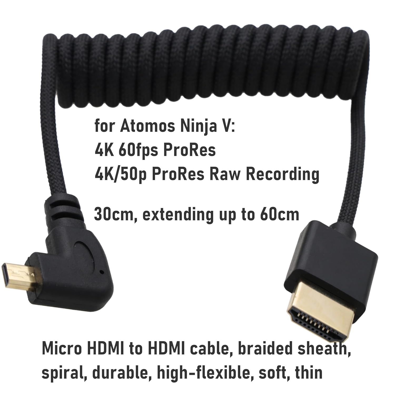 Left Angle Micro HDMI to HDMI 8K 4K 60p Coiled Cable for Ninja V Monitor, Sony A7C R, Canon R6 mkII, XT30II, Lumix S9 Camera, Type A to Type D, Black Braided