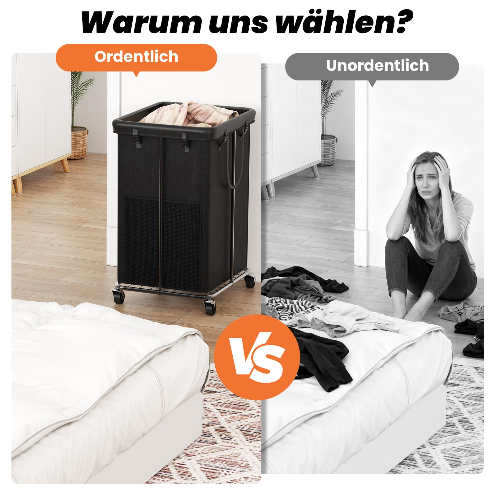 großer Wäschekorb, Wäschekorb Kleiderkorb, Metallrahmen und abnehmbare Taschen Design mit Rädern, geeignet für Schlafzimmer, Bad, Schlafsaal (Schwarz)