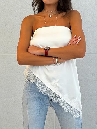 Women Satin Lace Tube Top White Silk Asymmetrical Strapless Summer Outfits