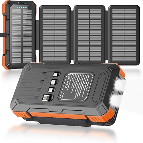 Solar Charger Power Bank 49800mAh with 4 Built-in Cables & 4 Foldable Panels, PD22.5W Fast Portable Phone Charger, External Battery Pack with USB-C in/Output & Flashlight for Outdoor Camping