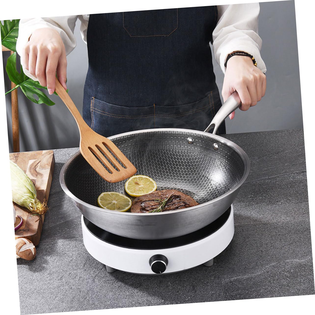 Zerodeko Wok Ménager en Acier Inoxydable Design Épaissi et Revêtement Texturé Antirayures, Poêle pour Cuisinière Électrique la Cuisine Quotidienne