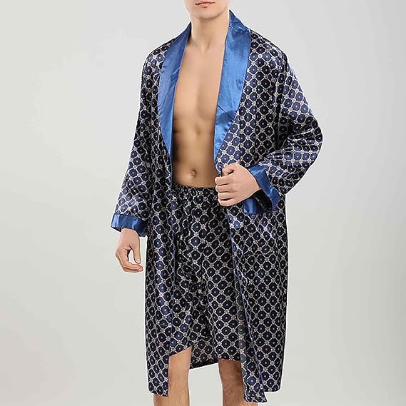 Silk Robe for Men Big and Tall Long Sleeve and Shorts 2 Piece Pajama Set Cozy Soft Lounge Kimono Spa Bathrobe
