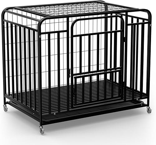 Jaula resistente para perros de 36.4 x 25 x 32.6 pulgadas, material de acero aleado, con 3 puertas, 4 ruedas con cerradura, 1 bandeja extraíble,