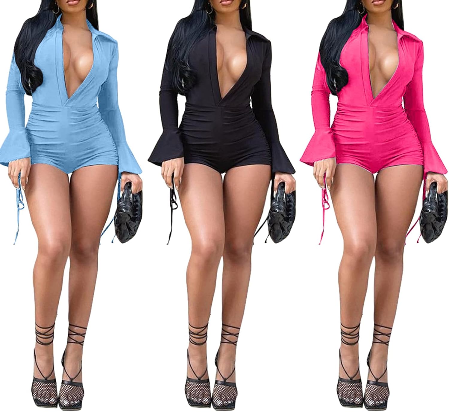 Womens Sexy V Neck Long Trumpet Sleeve Jumpsuit Short Pants Bodycon One Piece Outfits Clubwear Party Romper - Image 7