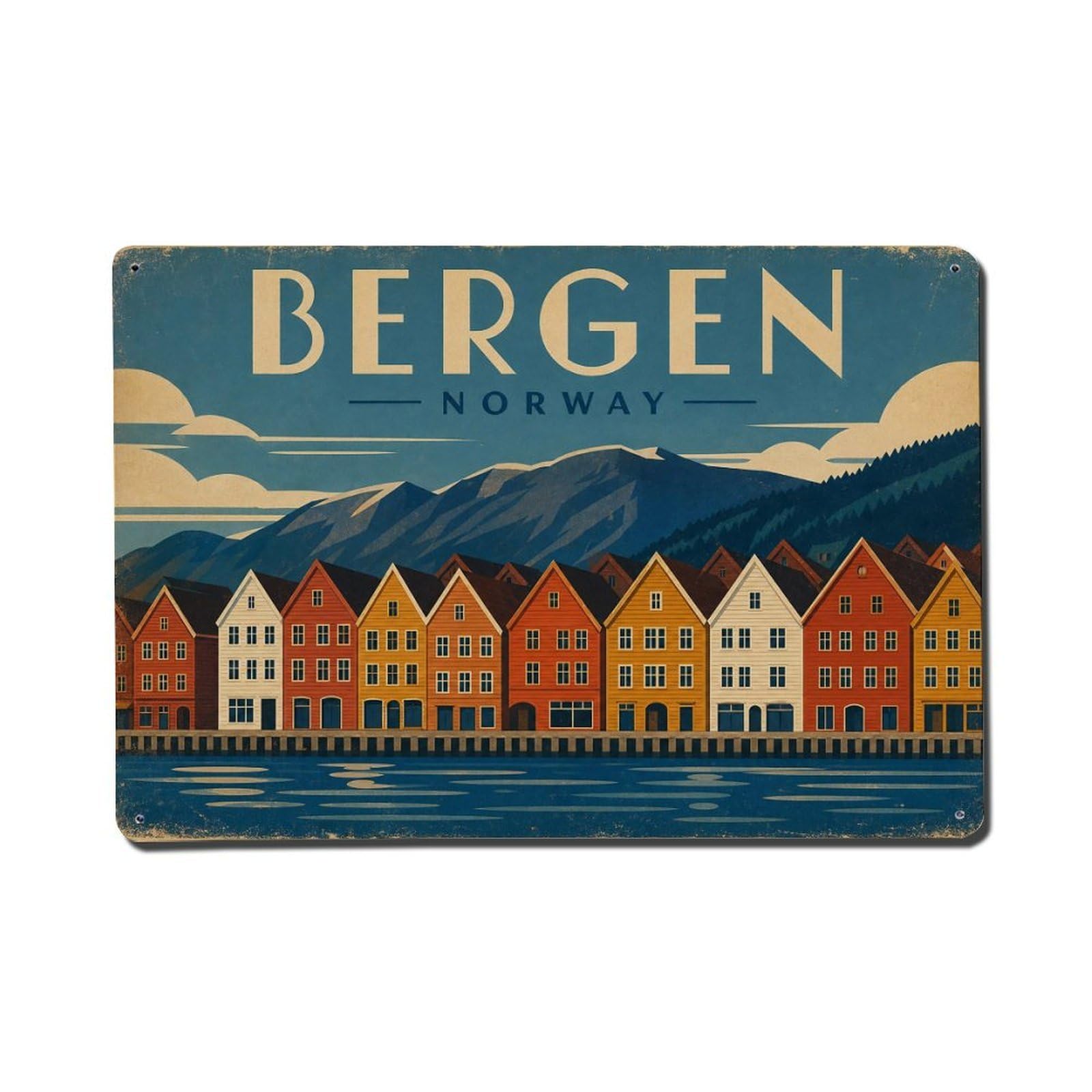Travel Vintage Norway Bergen 1 Metal Tin Sign Plaque Wall Decor for Cafe, Club Bar, Office, Garden Metal Poster 8x12Inch