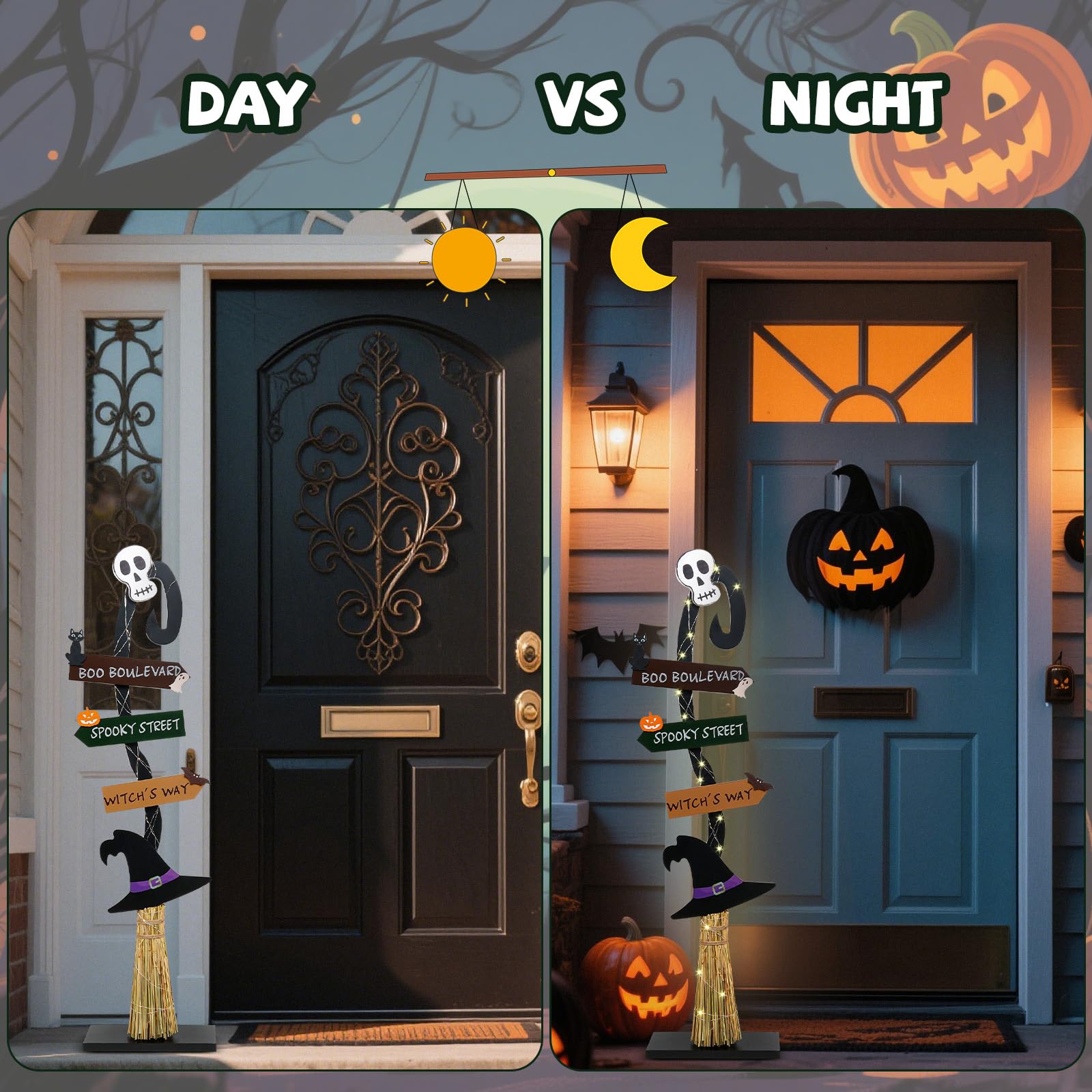 Decorazioni di Halloween | Scopa da strega in legno illuminato | Spooky Light Up Halloween Decor Witch Portico Cartello in piedi per interni ed esterni