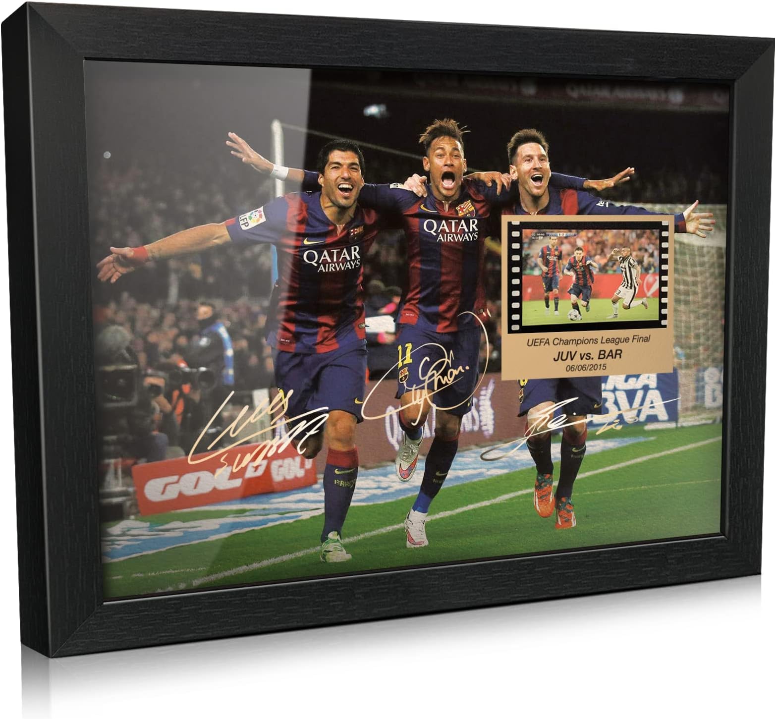 ORIMAMI Soccer Star Lionel Messi Luis Suarez Neymar Signed Picture Desktop Framed Photo Gift - with 35mm Film Recorded Scene Display of 2014/15 Champions League