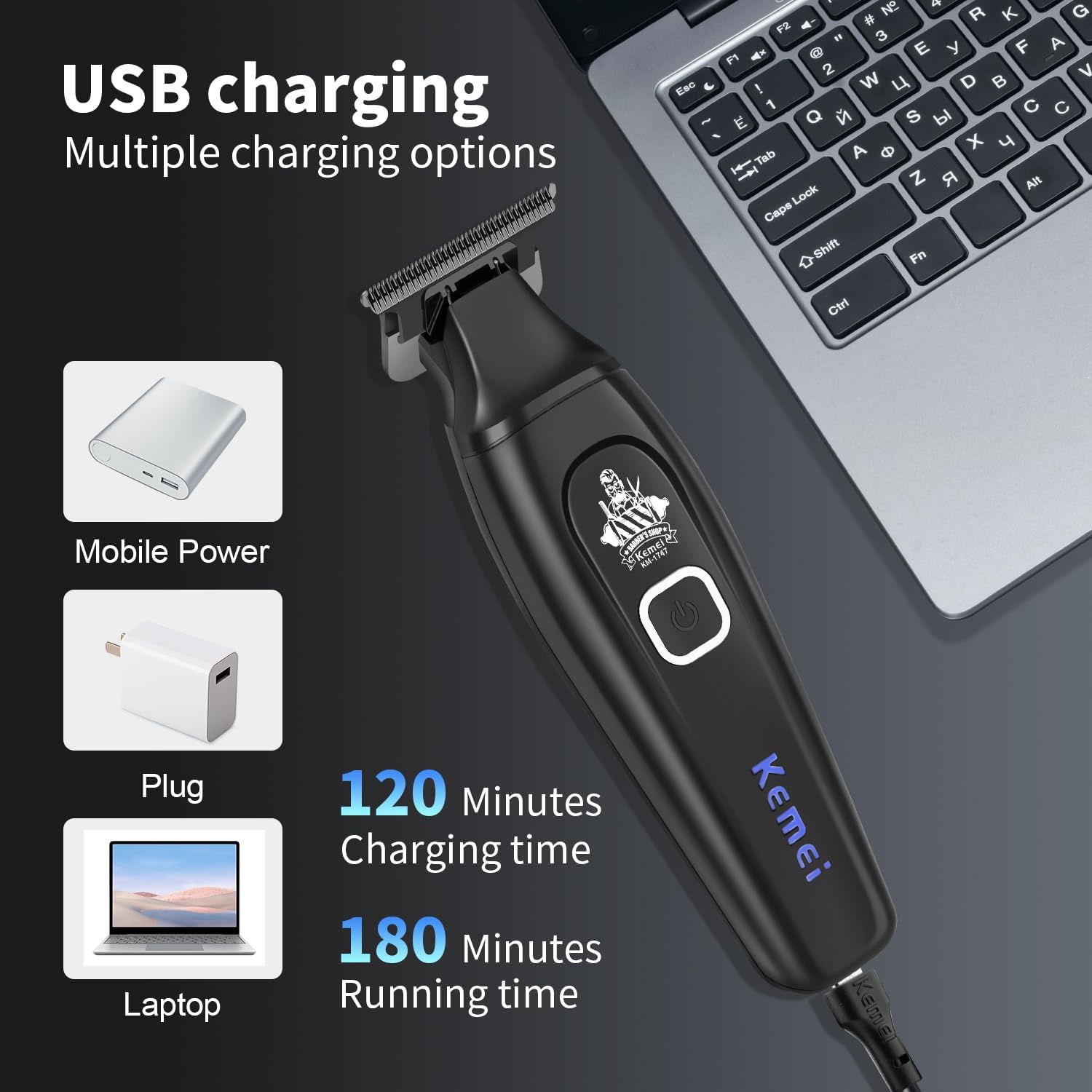 KEMEI Professional Hair Clipper & Cordless Barber Trimmer for Men, Clippers for Hair Cutting, Rechargeable T-Shaped Beard Trimmer, USB Charging, Gifts for Men - Image 3