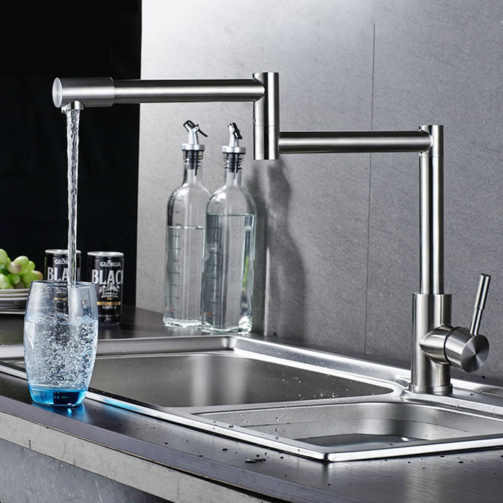 Rubinetto per riempimento pentole, Montaggio su Piano, Rubinetto da Cucina, Doppio Giunto, Girevole, Pieghevole, Acciaio Inox 304, Maniglia Singola, Foro Singolo, Miscelatore, dopp