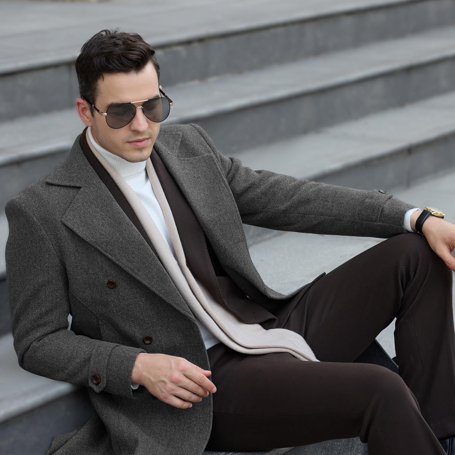 Mens Trench Coat Slim Fit Pea Coats Double Breasted Winter Wool Jackets Notched Lapel Collar Overcoat - Image 2