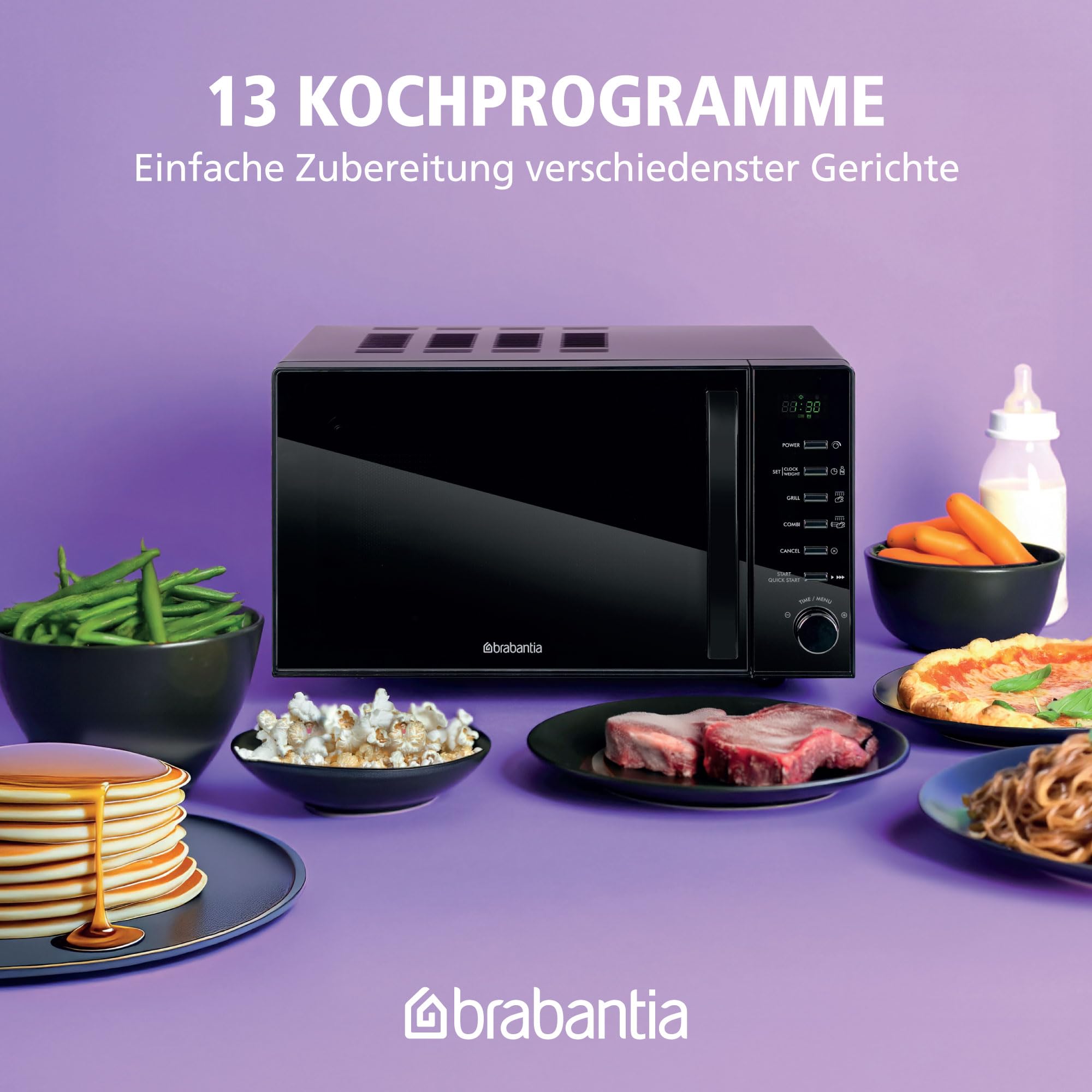 Brabantia Mikrowelle mit Grillfunktion, 20 Liter, 700W, Freistehend, 13 Automatikprogramme, 6 Leistungsstufen, Digitaler Timer, Große Kapazität, Schwarz, BBEK1145DG
