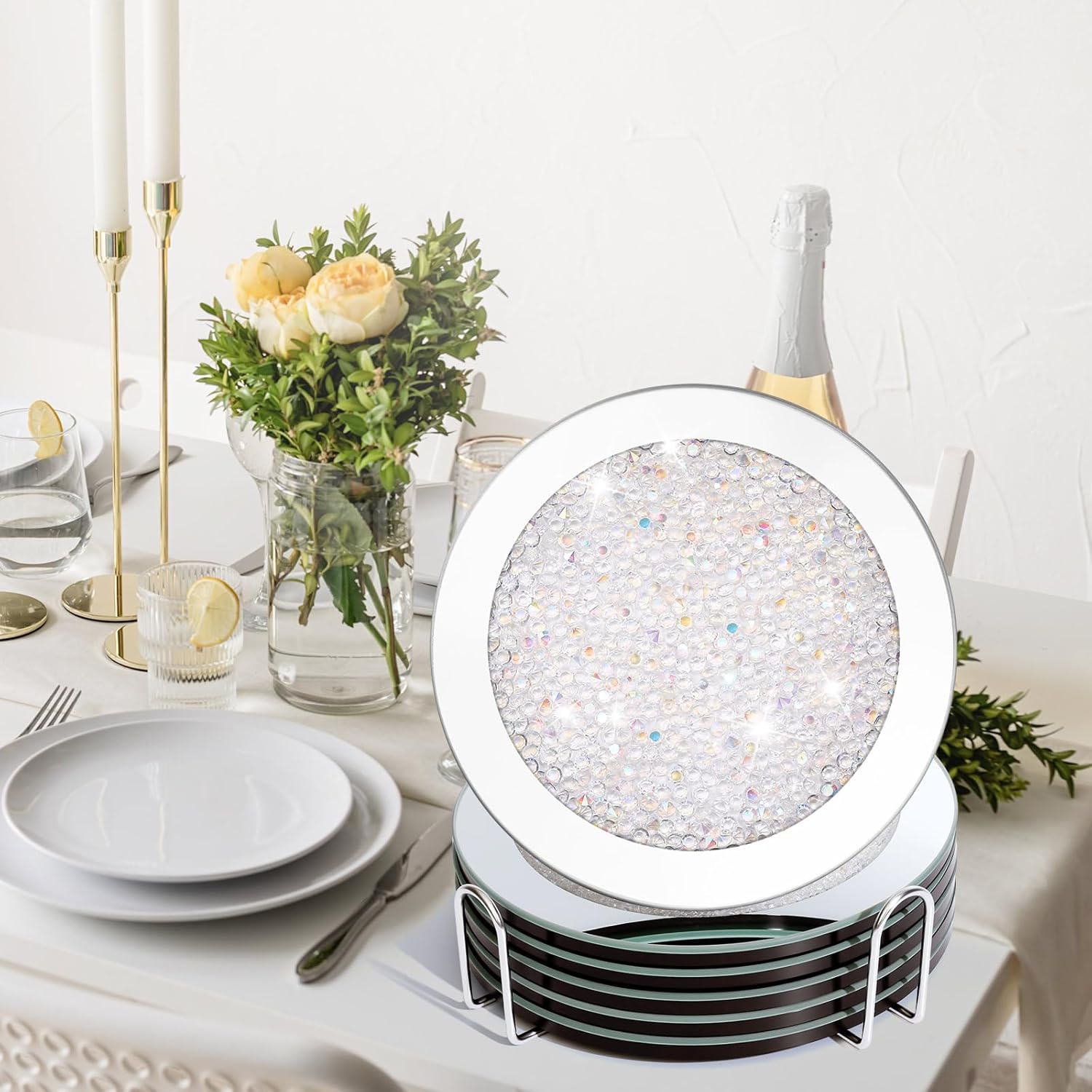 Jetec Mirrored Glass Coaster Set of 6 with 1 Holder 7" Crushed Diamond Round Cup Mat Glitter Crystal Rhinestone Glass Coaster Bling Table Decor for Bar Kitchen Gift for Christmas(White)