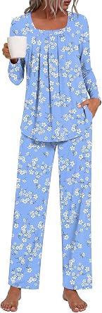 LONGYUAN Womens Pajamas Set 2 Piece Long Sleeve Sleepwear Soft Loungewear with Pockets Fall Winter S-3XL