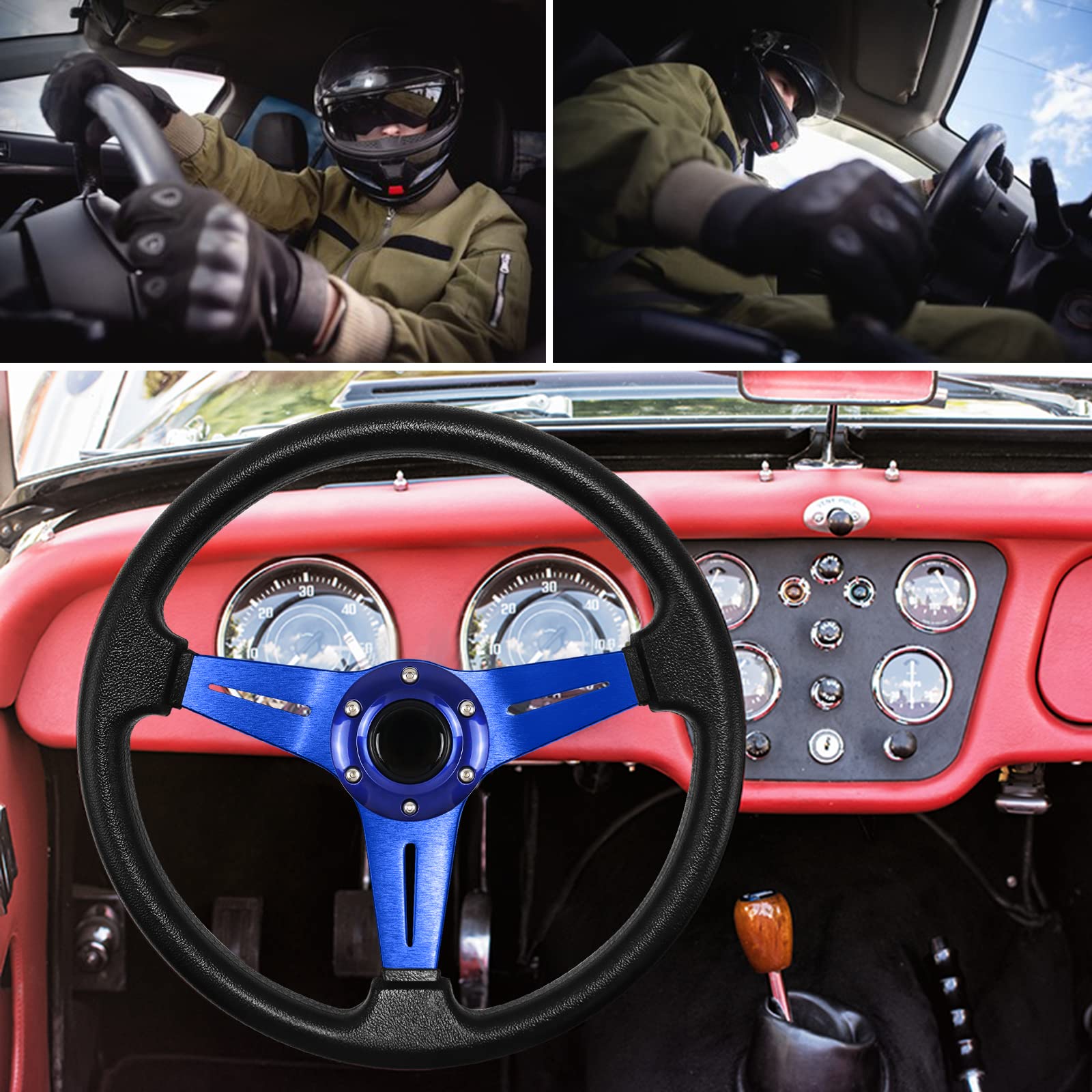 Uniwersalna kierownica wyścigowa, kierownica gier 13.6" 6 Screw Grip Skóra winylowa z przyciskiem rogu do symulacji wyścigów/rajdów/sportów motorowych/samochodów (niebieski)